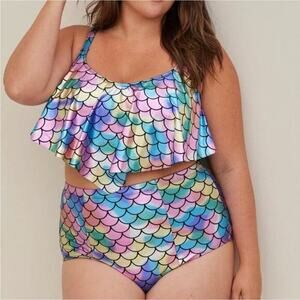 Torrid Mermaid Metallic Flounce Bikini Top High Waisted Bottom 2 Pc. Set Size 0